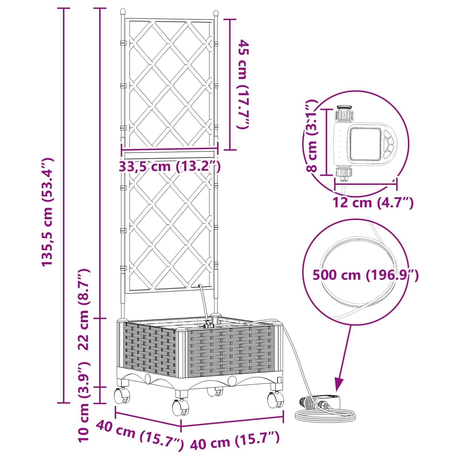 Vaso da giardino con ruote di irrigazione, grigio chiaro, in polipropilene, resistente alle intemperie, grande fioriera per balcone, terrazza, giardino, resistente al gelo, con serbatoio