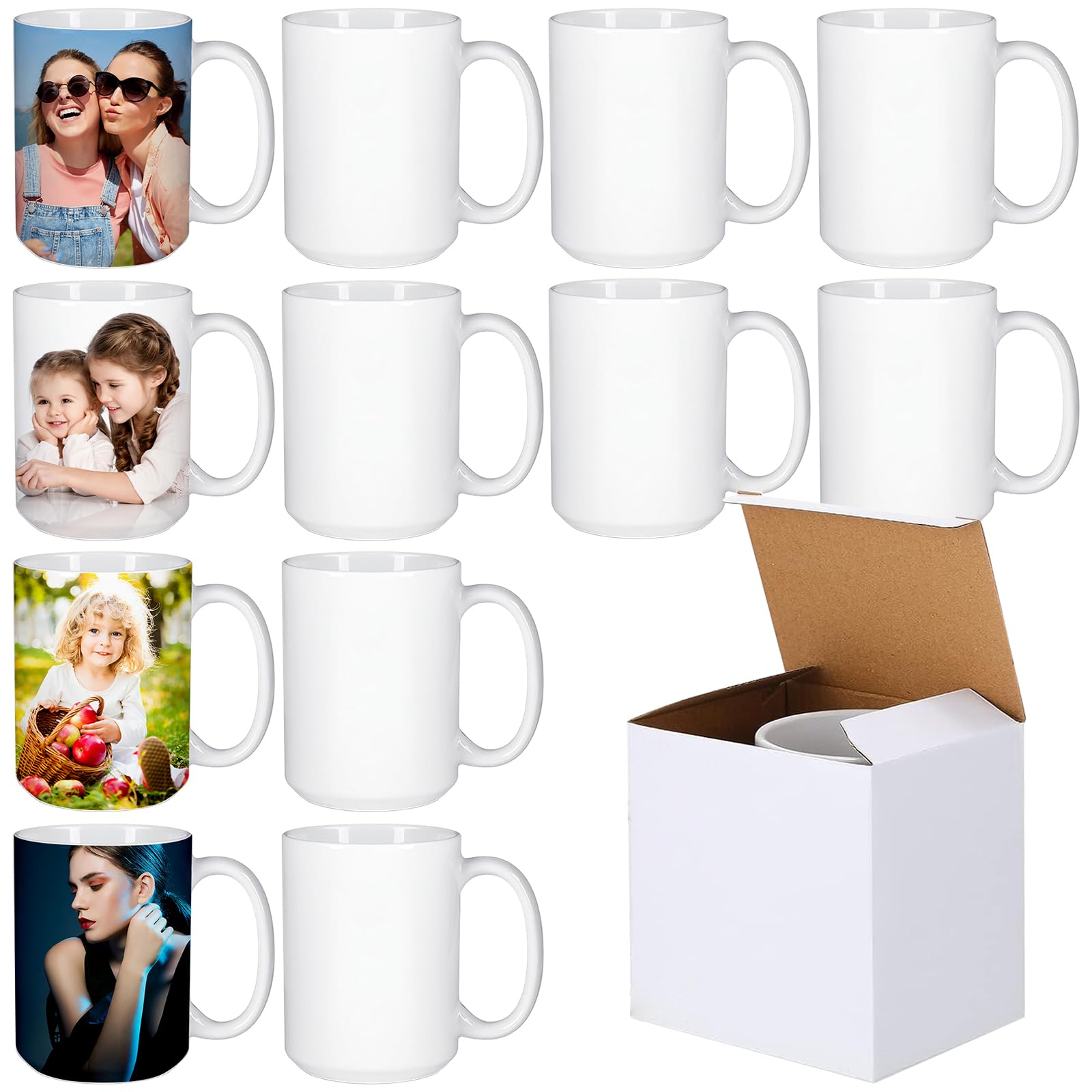 12 Pieces Sublimation Mugs Sublimation Coffee Mugs Blank 15 oz White Ceramic Coffee Mugs Drinking Cups with Handles for Coffee, Cappuccino, Latte, Cocoa, Milk, Espresso, Tea, DIY Mug Gifts Supplies