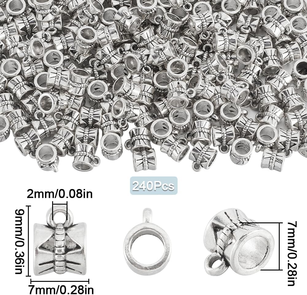 1 Box 240Pcs Small Bail Beads Silver Spacer Beads Charms Alloy Textured Tibetan Style Cylindrical Dangle Tube Bead Clasps for Jewelry Making Pendant Necklaces Earrings Supplies DIY Crafts