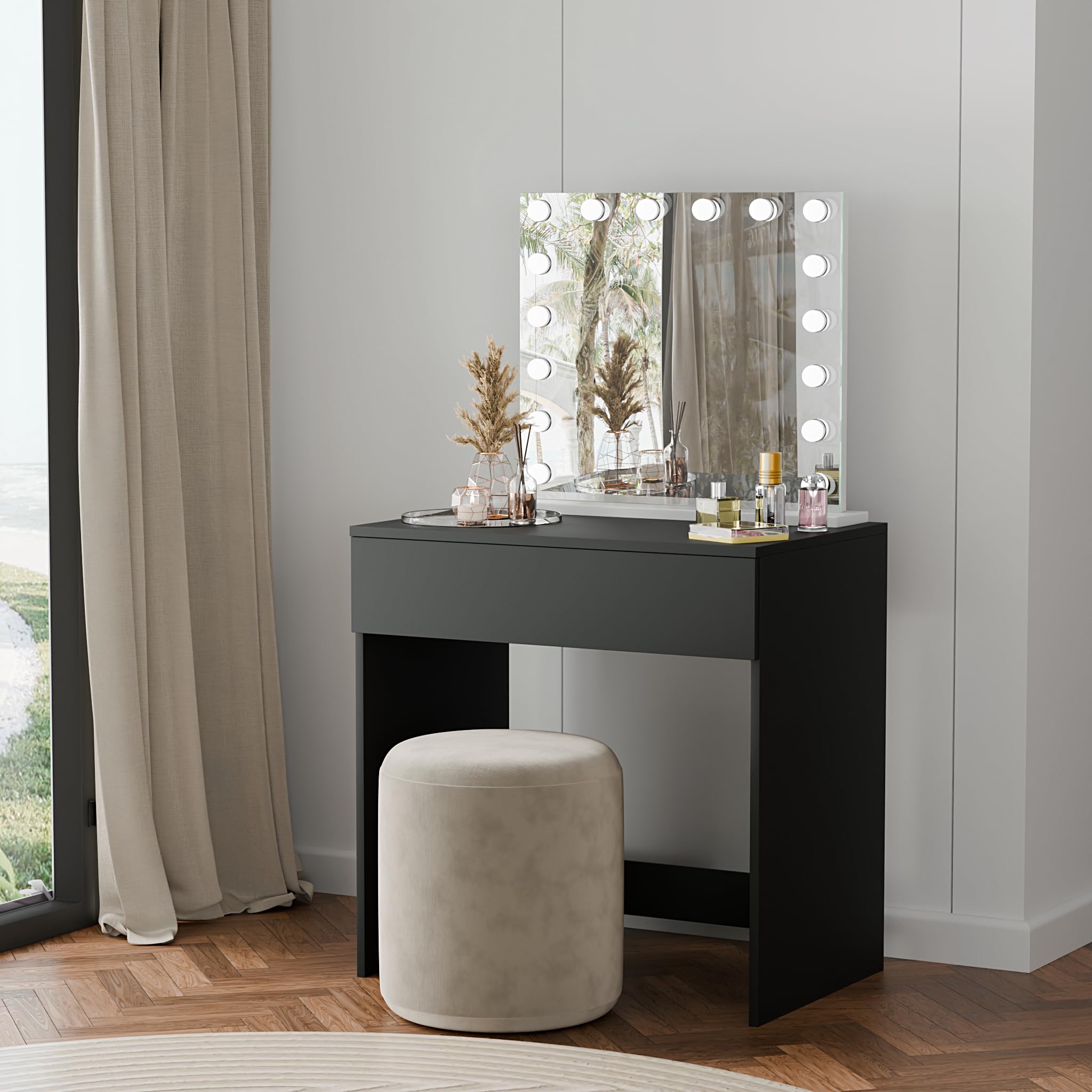 Scrivania con Cassetto, Toeletta, 75 cm, Nero | Piccola Scrivania per Ufficio in Casa e Laptop, Tavolo Compatto e Salvaspazio per Studio e Gaming