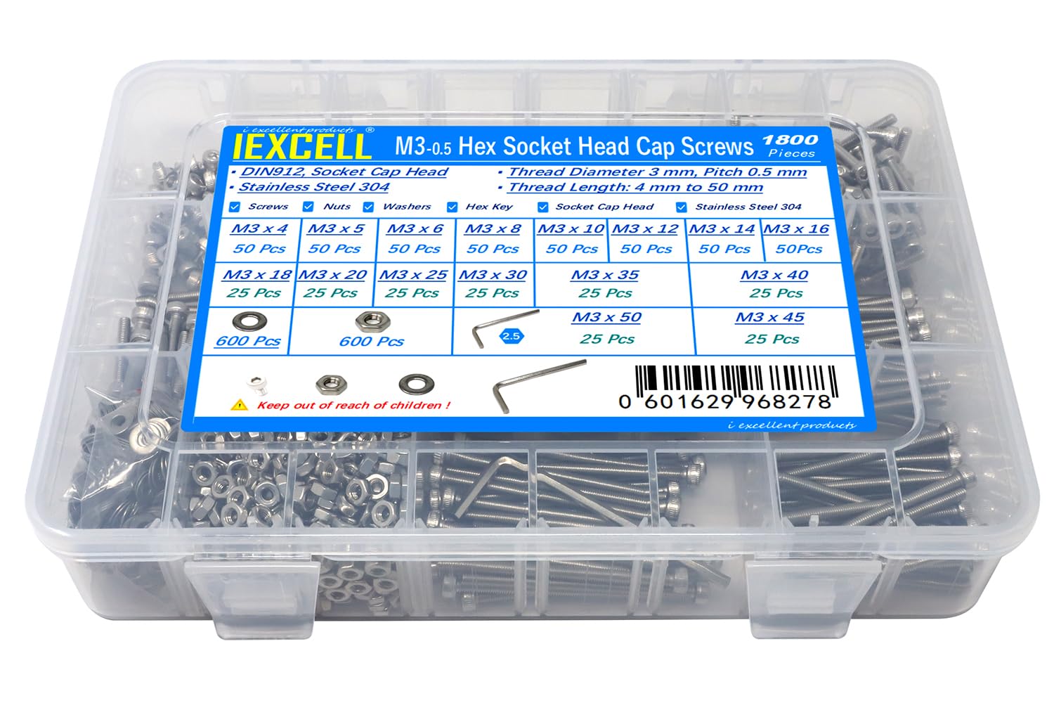 iexcell 1800 Pcs M3 x 4/5/6/8/10/12/14/16/18/20/25/30/35/40/45/50 Stainless Steel 304 Hex Socket Head Cap Screws Blots Nuts Washers