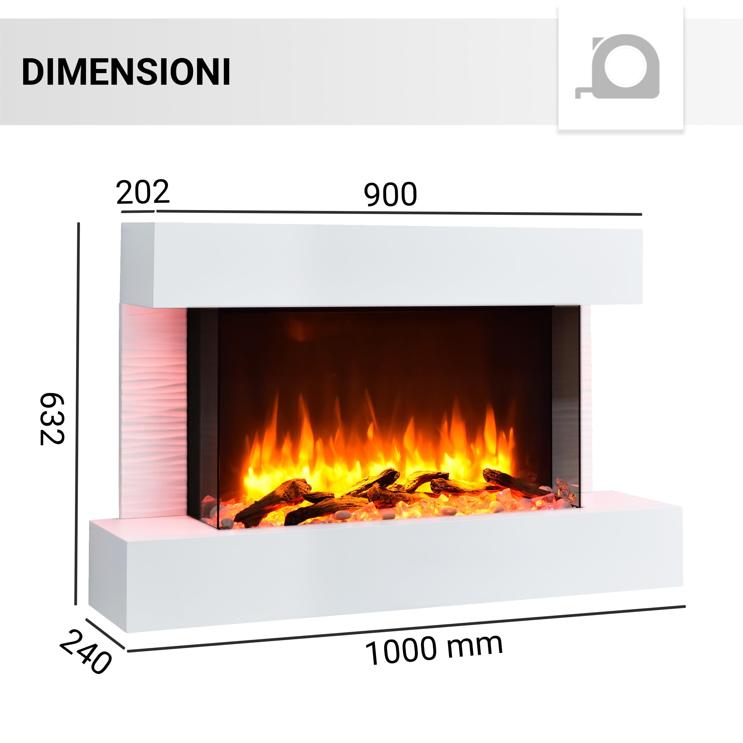 BALDERIA Camino elettrico Aidan, camino elettrico con effetto fiamma 3D, riscaldamento elettrico 2000 W, illuminazione a LED, camino con telecomando, timer, controllo di avviamento e termostato