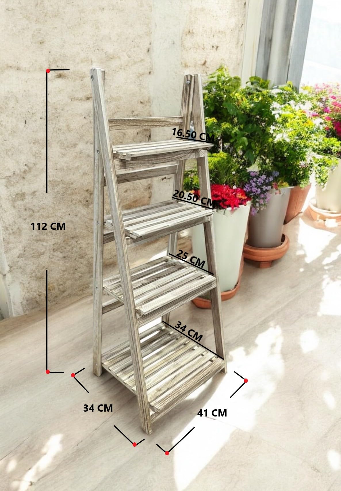 Estantería para Plantas, Interior y Balcón, Soporte Flores, Escalera de 4 peldaños Plegable de Madera (Natural)