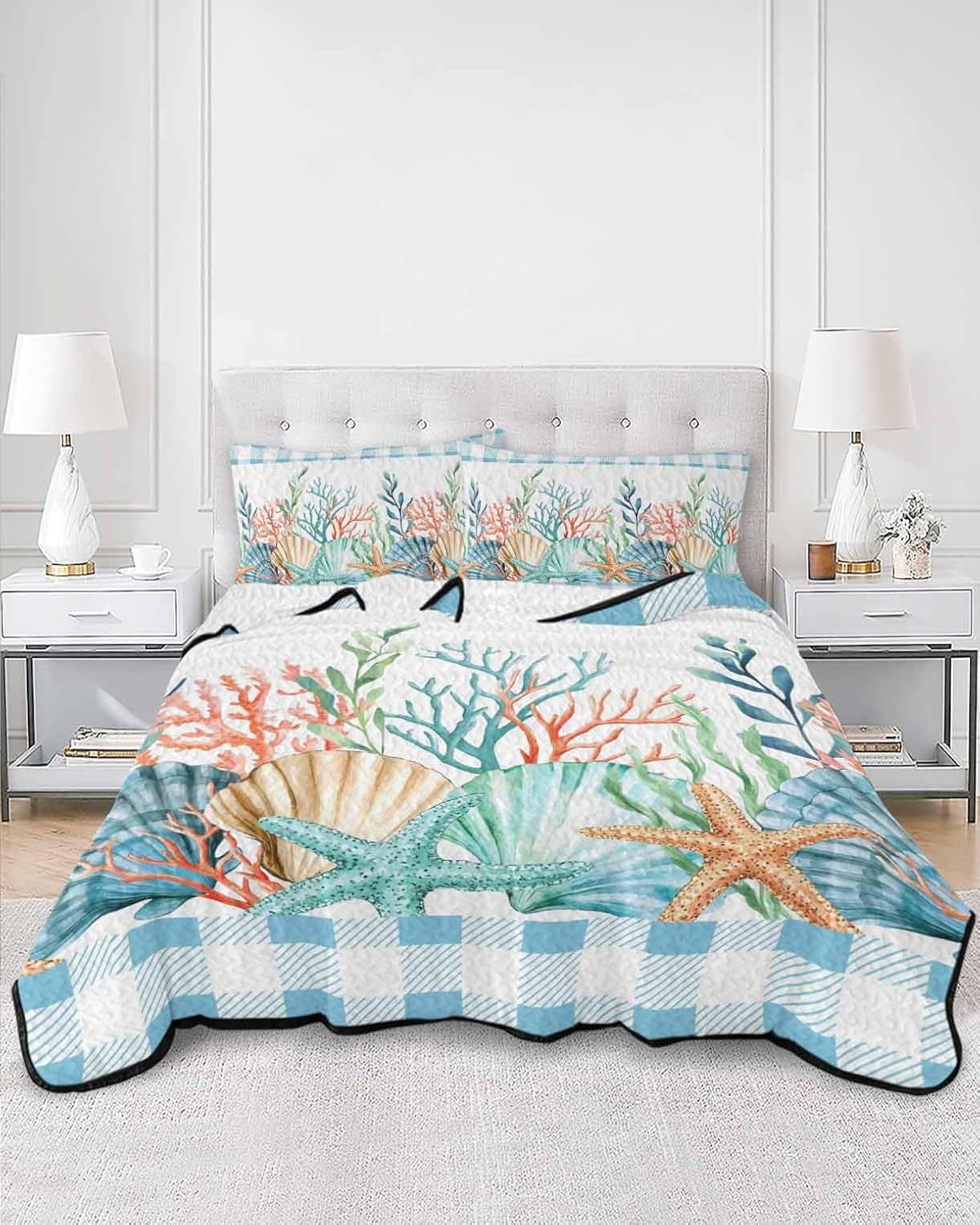 King Size Quilt Set, Marine Life Starfish Shell Coral Lightweight Bedspread Coverlet Set Soft Microfiber Summer Quilt with 2 Pillow Shams, Ocean Theme Blue Checker 3 Piece Comforter Bedding Set