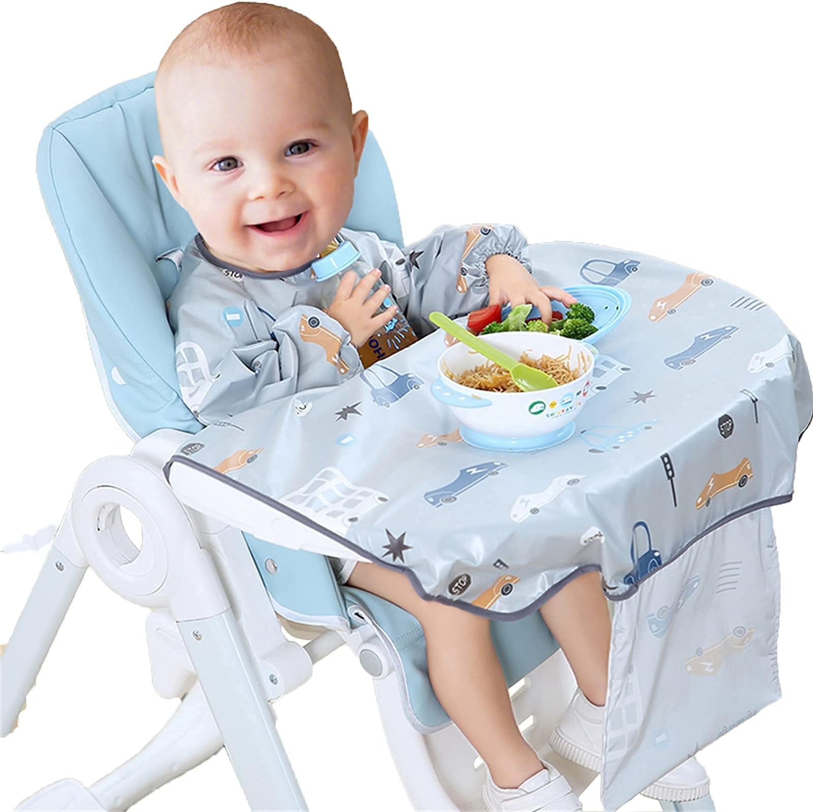 Weaning Bib Long Sleeve, Baby Bib Attaches to Babies Highchair, Comfortable/waterproof Catches Food for 6 Month to 3 Years Old One Size Fits All TPU Material with Storage Bag