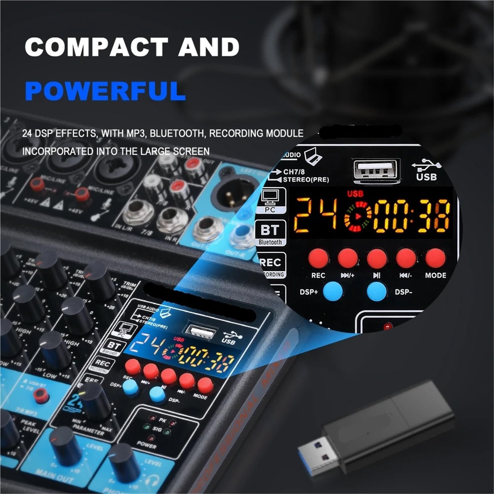 Kontrolery DJ-skie, Konsola dźwiękowa DJ-a 8-kanałowy mikser mikser liniowy DC 5 V z MP3 Bluetooth 48 V 24 efekty DSP nagrywanie USB do nagrywania studyjnego