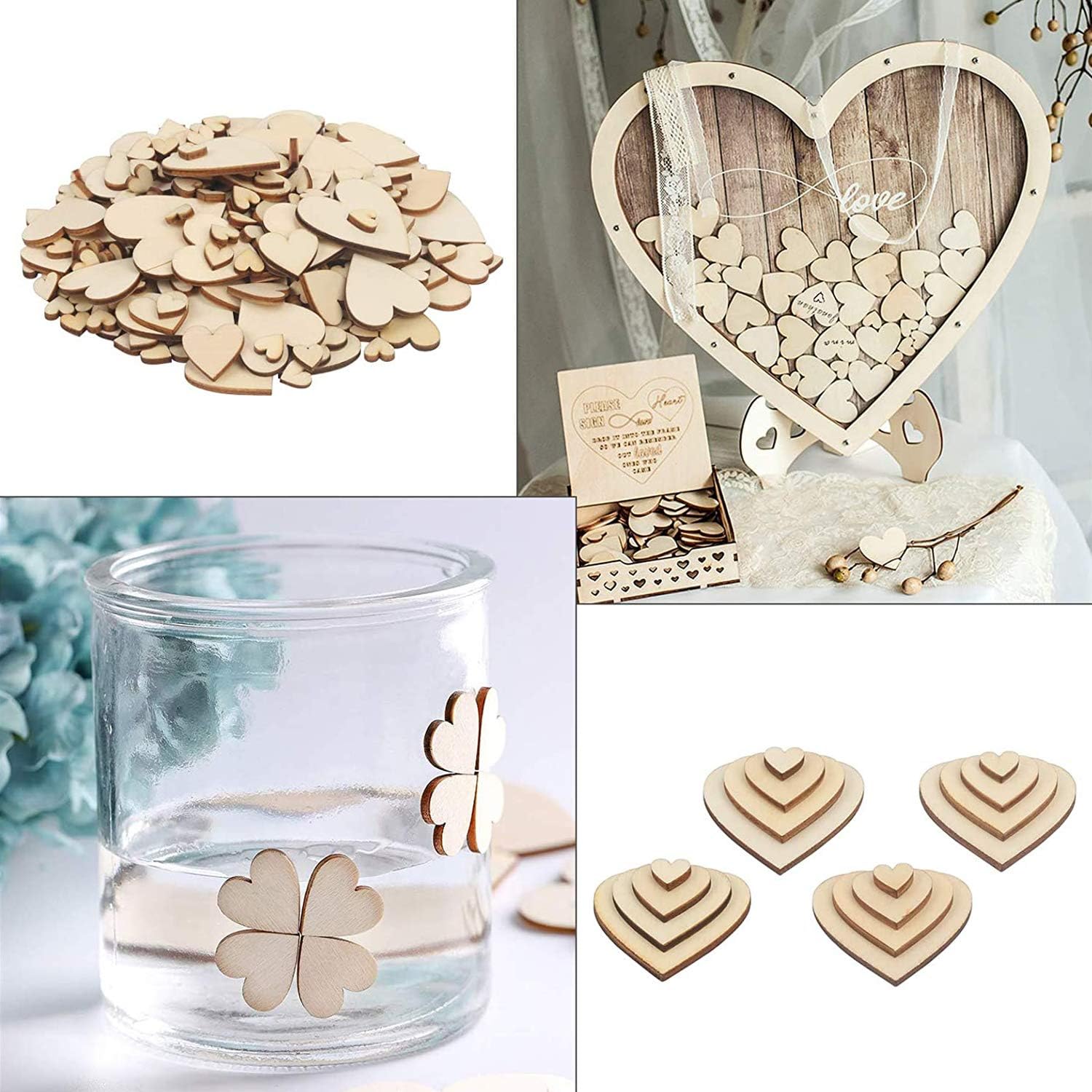 Pack of 400 Unfinished Blank Wooden Heart Shaped Slices Discs DIY Craft Pieces for Wedding Ornaments Christmas Party Embellishment (4 Sizes)