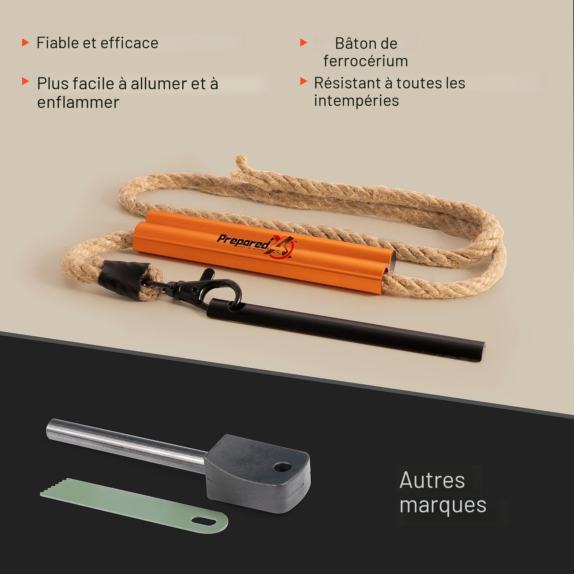 Allume-feu En Acier à Silex Aufodara - Pierre à Feu 127 Mm - Paracorde 7 Brins 1.45 M - Multifonction (décapsuleur, Règle) - Pour Camping, Survie, Randonnée