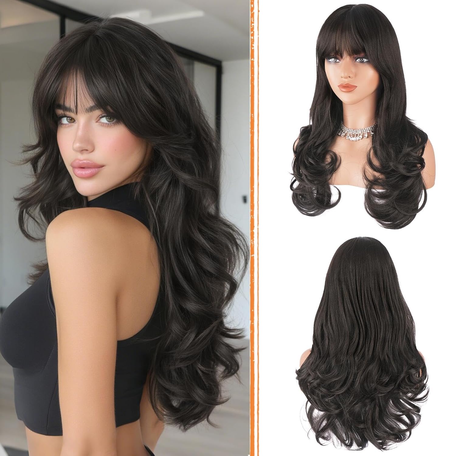 Haloo Brown Wigs with Bangs Long Wavy Layered Haircut Natural Looking Fluffy Synthetic Heat Resistant Hair Wig for Women Daily Party, 24 Inch Dark Brown