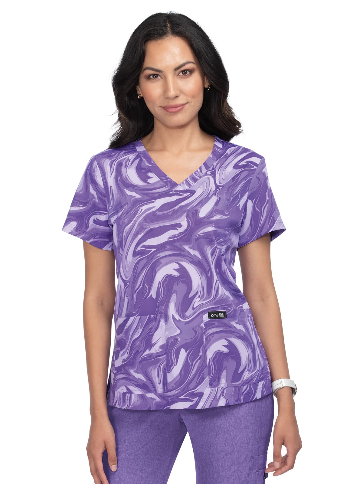 KOI Basics 384PR Women's Leslie Scrub Top, Wisteria All Over Marble, Small