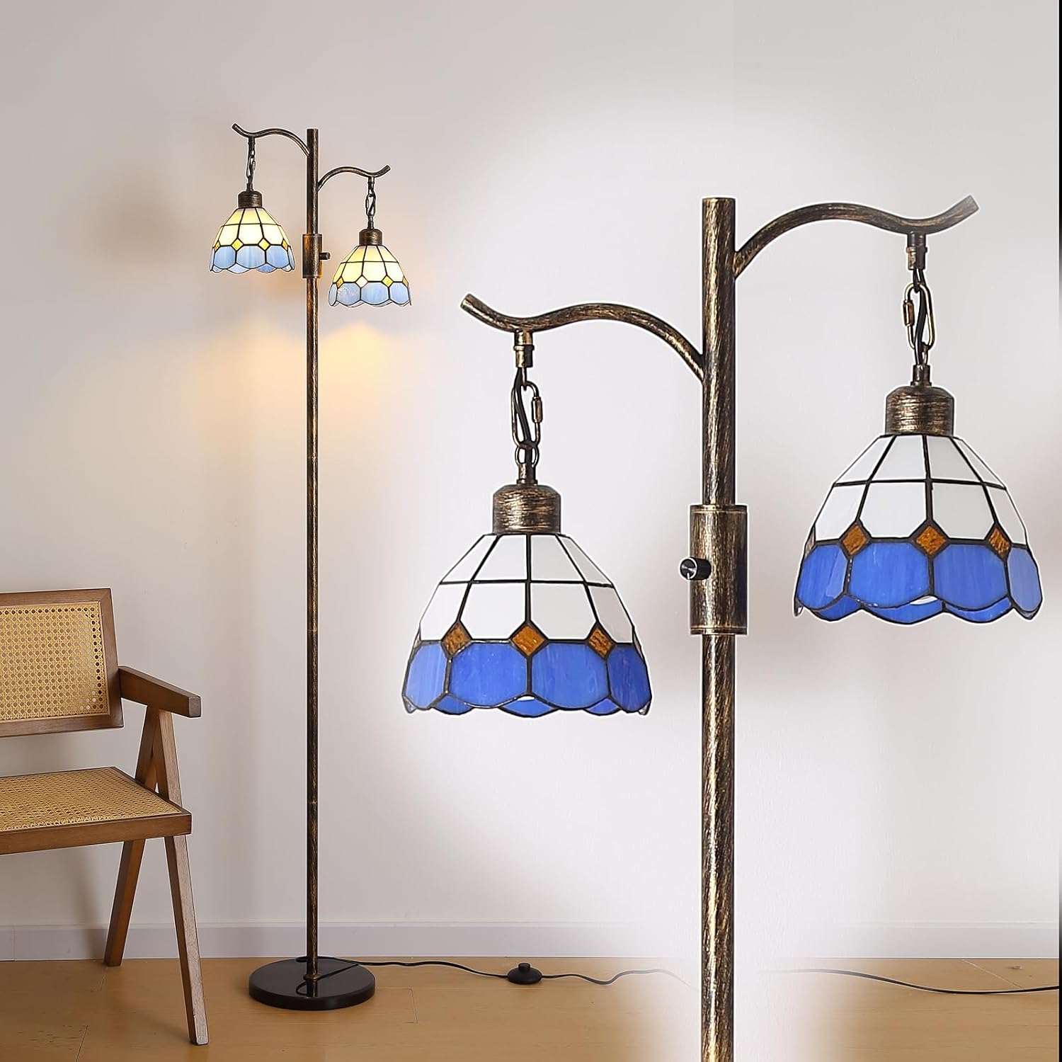 Vintage Dimmable Floor Lamp,2 Tiffany Lampshades Standing Lamp,for Living Room Bedroom (Bronze)