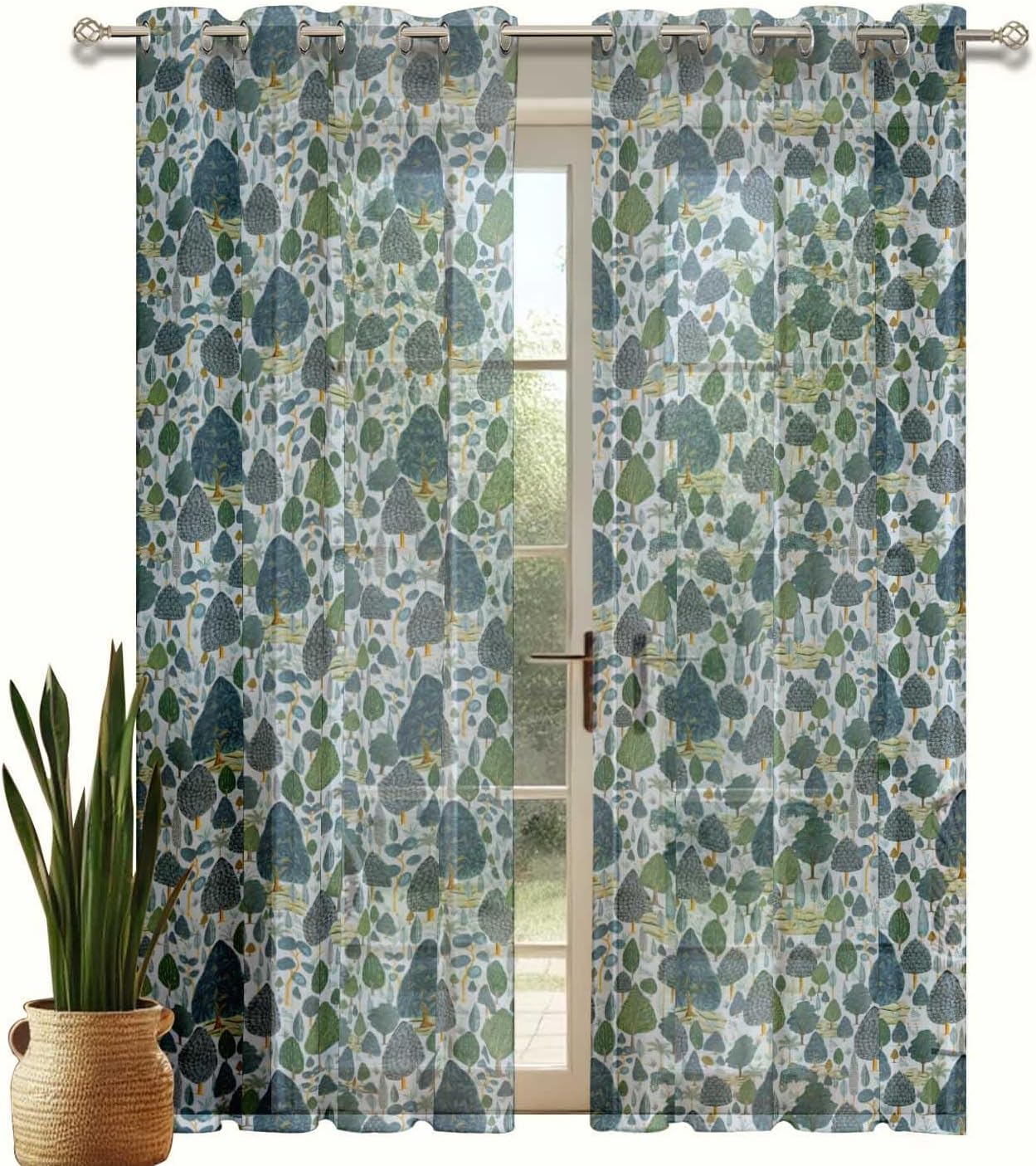 Tree Print Sheer Curtains for Short Windows – Set of 2 Panels, 63" Length, Grommet Top, Printed Georgette, Light Filtering Drapes for Kitchen or Bedroom