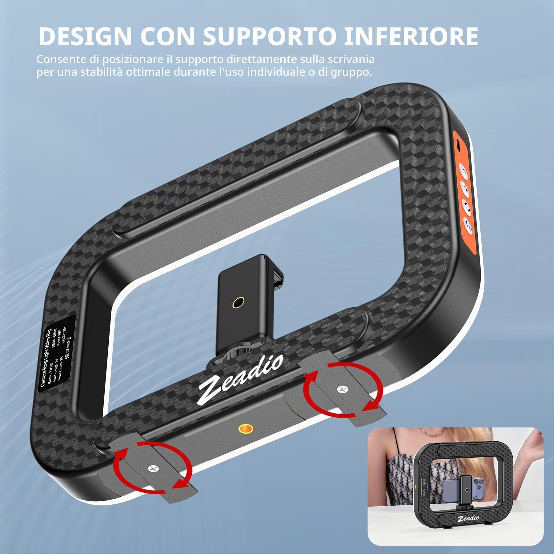 Zeadio Ring Light Selfie Portatile con Impugnatura Luminosa e Supporto Telefono, Luce Video Dimmerabile 2500K-8500K, Luce di Riempimento per Vlogging, TikTok, Trucco, Live Streaming, Fotografia ecc