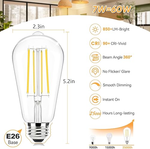Miniatura 2 de Brightever Paquete de 6 bombillas LED regulables equivalentes a 60 W, bombillas Edison vintage, 2700 K blanco cálido ST58 7 W, bombilla LED súper