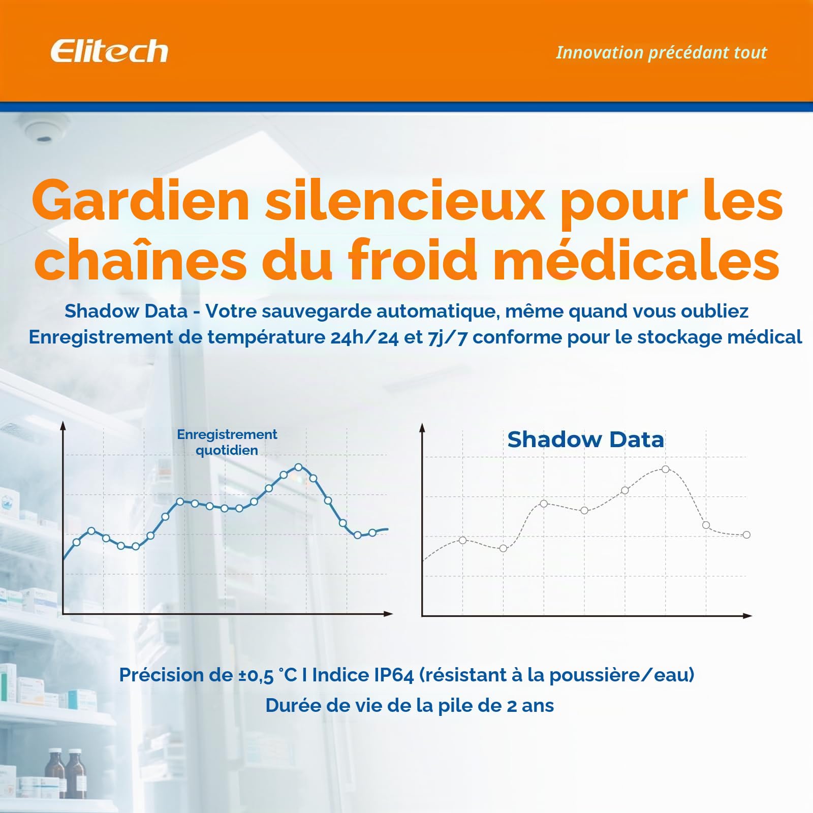 Elitech RC-4 Pro Enregistreur de Température USB, Data Logger pour Réfrigérateur Médical, Stockage Vaccins, Surveillance Chaîne du Froid 64 000 Données, Exportation Auto PDF/CSV