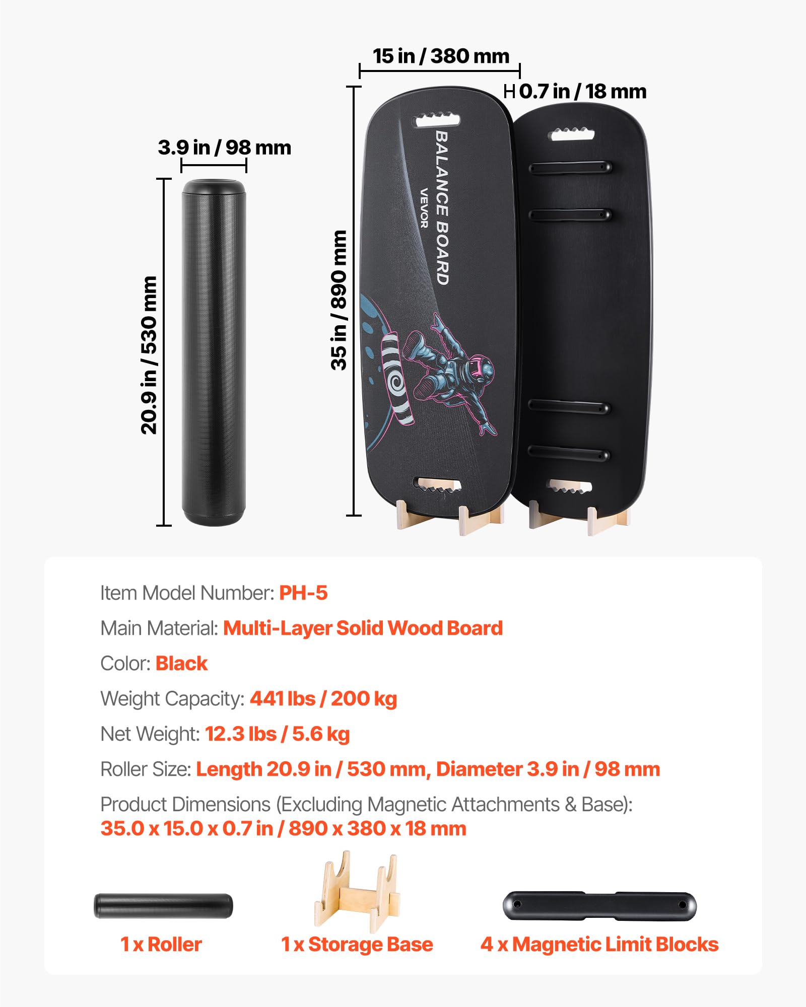 VEVOR Balance Board Holz Set für Erwachsene (89 cm), Wackelbrett bis 200 kg Belastbar, inkl. Rolle, Magnetstoppern & Ablage, Gleichgewichtstrainer für Surf- & Core-Training, Physiotherapie, Schwarz