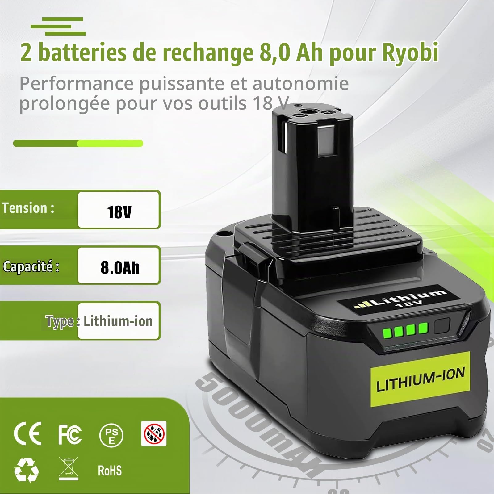 2 X 8,0Ah P108 Batterie pour Ryobi 18V et Chargeur à Double Port 6A