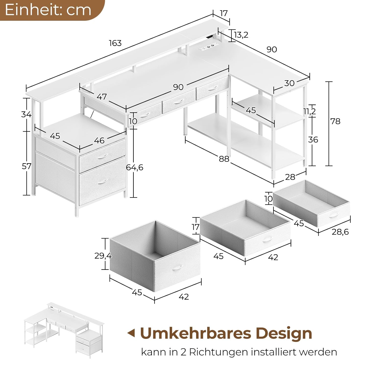 Diagram showing dimensions and reversible design of the L-Shape Desk