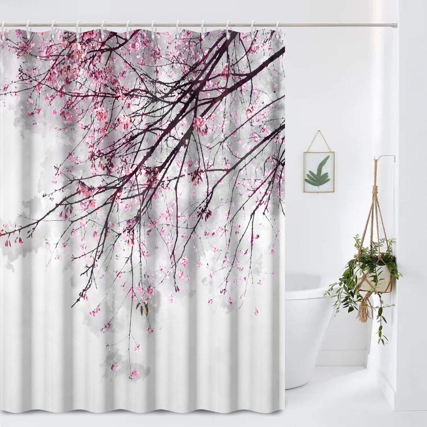 OERJU Cherry Blossoms Shower Curtain Pink Flower Japanese National Flower Bath Curtain Waterproof Polyester Fabric Bathroom Decor Set with Hooks 72x78inch