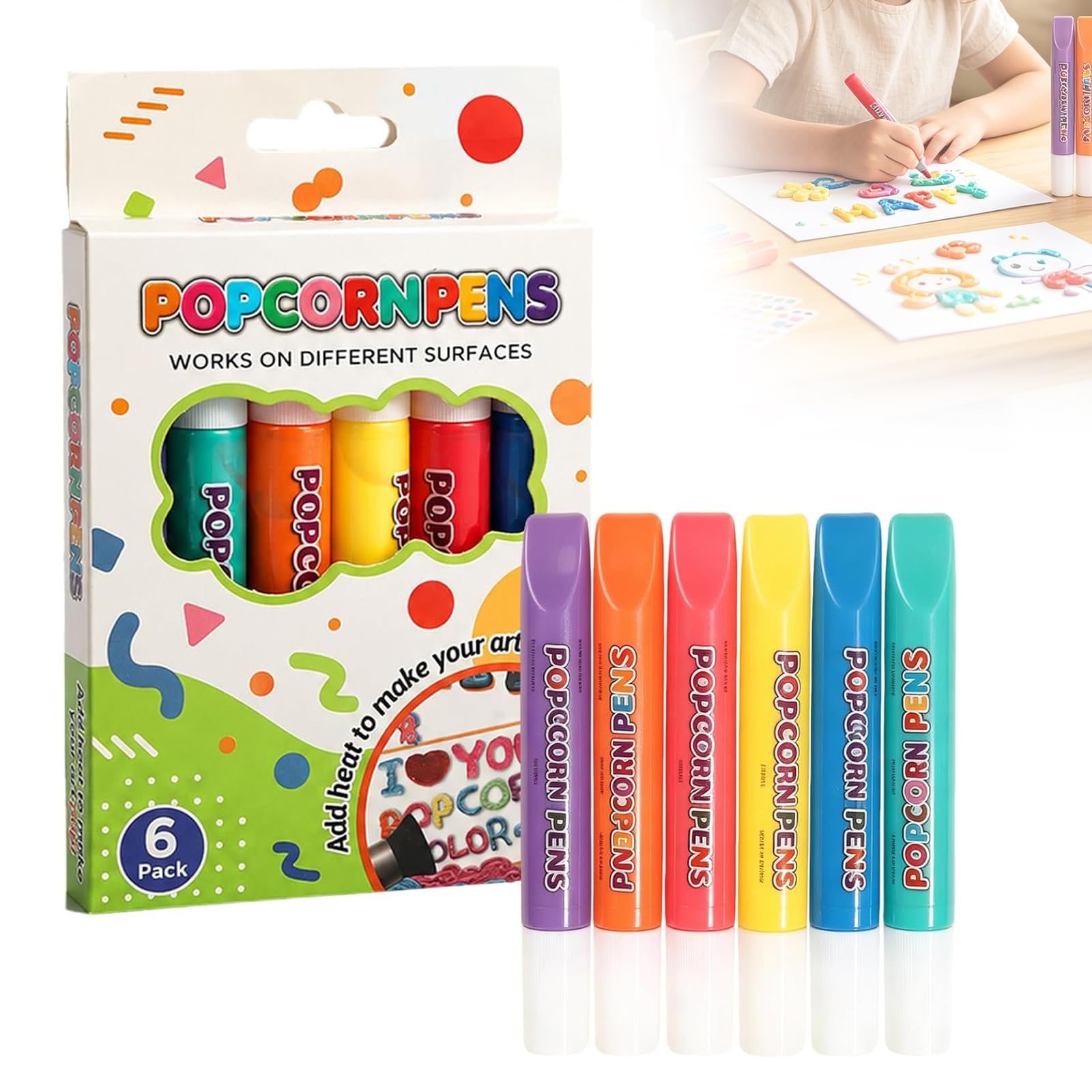 Eznaobo 3D Magic Popcorn Drawing Pens,6Pcs Heat Activated Puffy Paint Pens, Bubble Popcorn DIY Art Set, Non-Toxic & Low-Odor, Works on Paper/Fabric/Wood, Creative Craft Gift for Kids Ages 6+