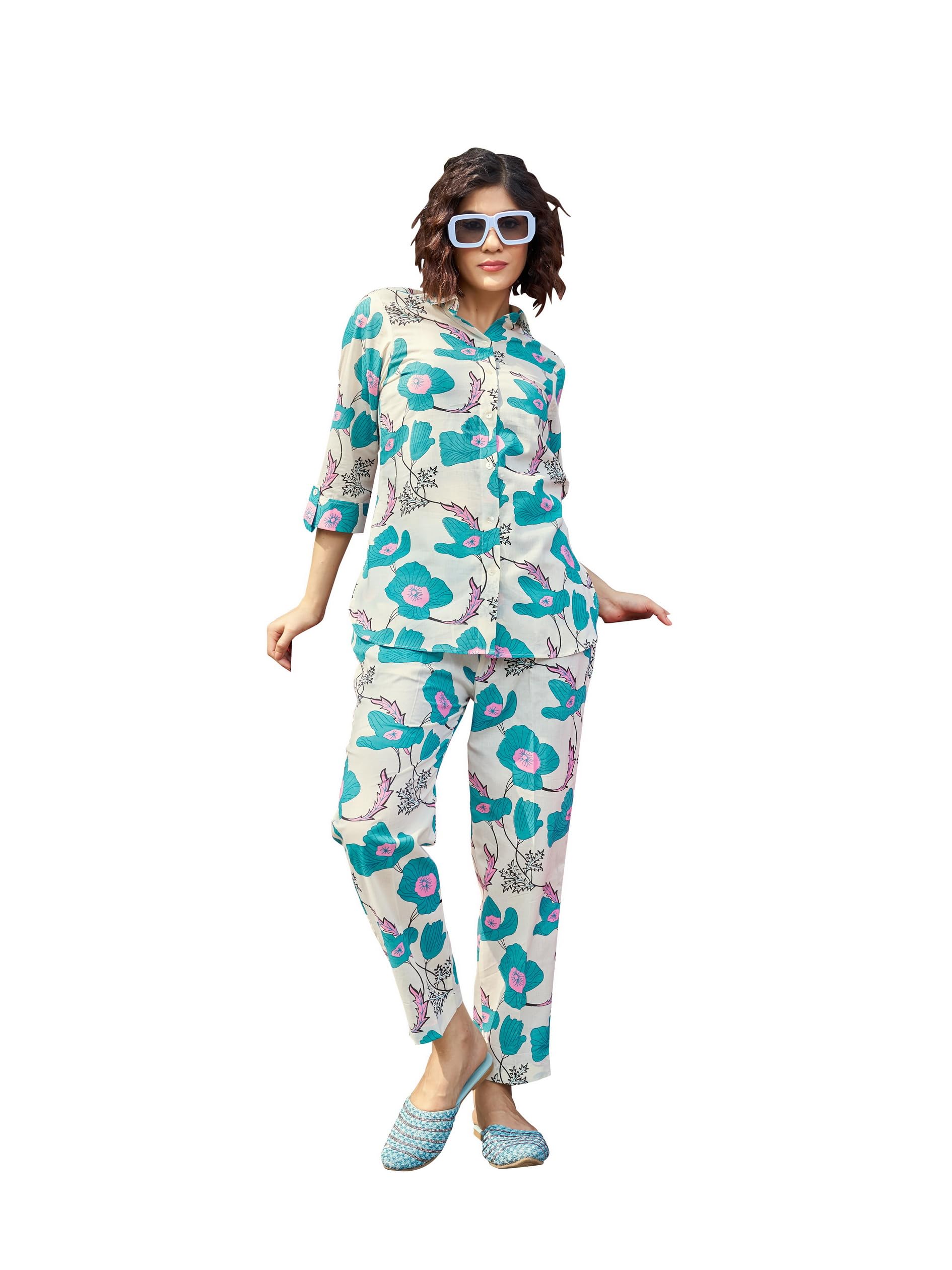 Women's Printed Pure Cotton Cream Shirt Trousers Co-Ords(VC_5030CO)-image-27