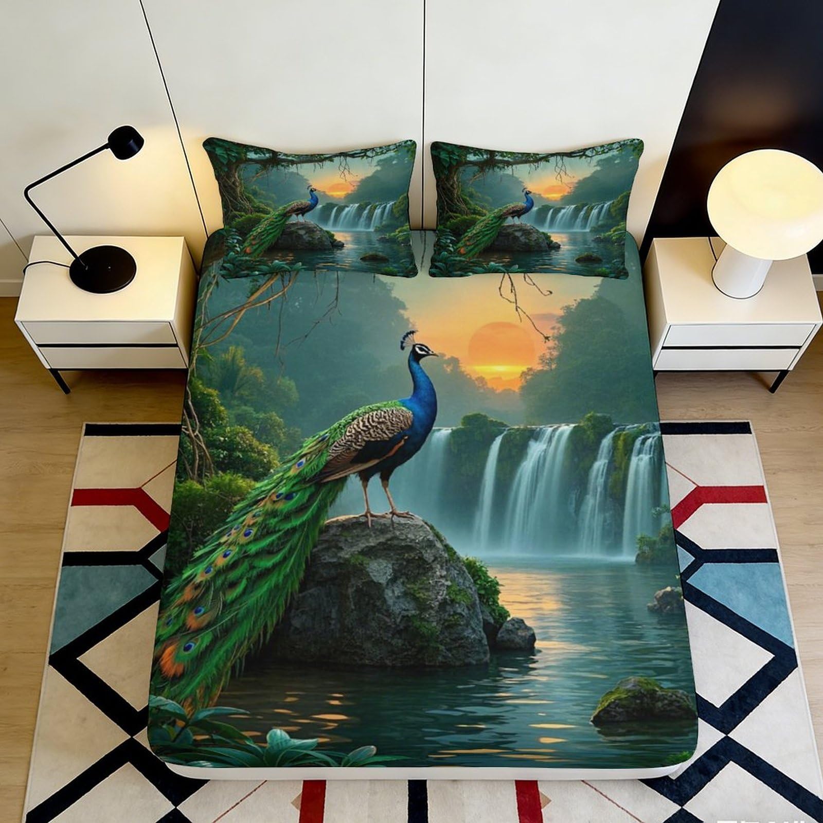 Ctjqhvmx Style-2 3D Printed Peacock Waterfall Fitted Sheet Microfiber Deep Pocket Bedroom Bedding Peacock Mattress Fitted Cover Non-Slip Washable 90X200x25cm 90X200x25cm