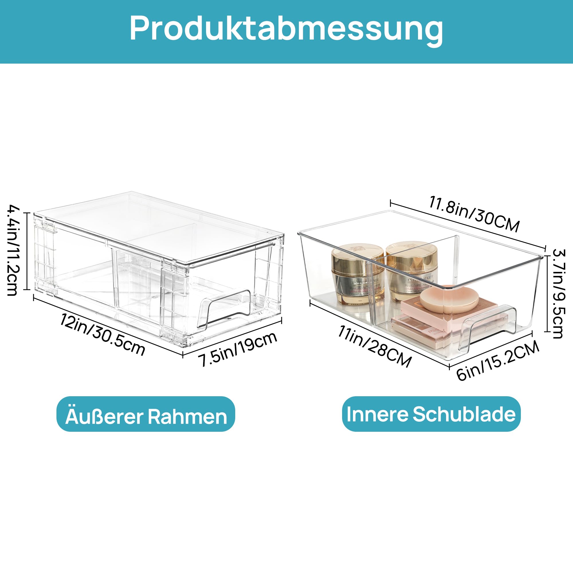 Vtopmart 4 Stücke Stapelbare Aufbewahrungsschubladen, durchsichtige Schubladenorganisatoren aus Acryl mit Griffen, Aufbewahrung Organizer für Kühlschrank, Badezimmer, Schrank, Speisekammer Acryl