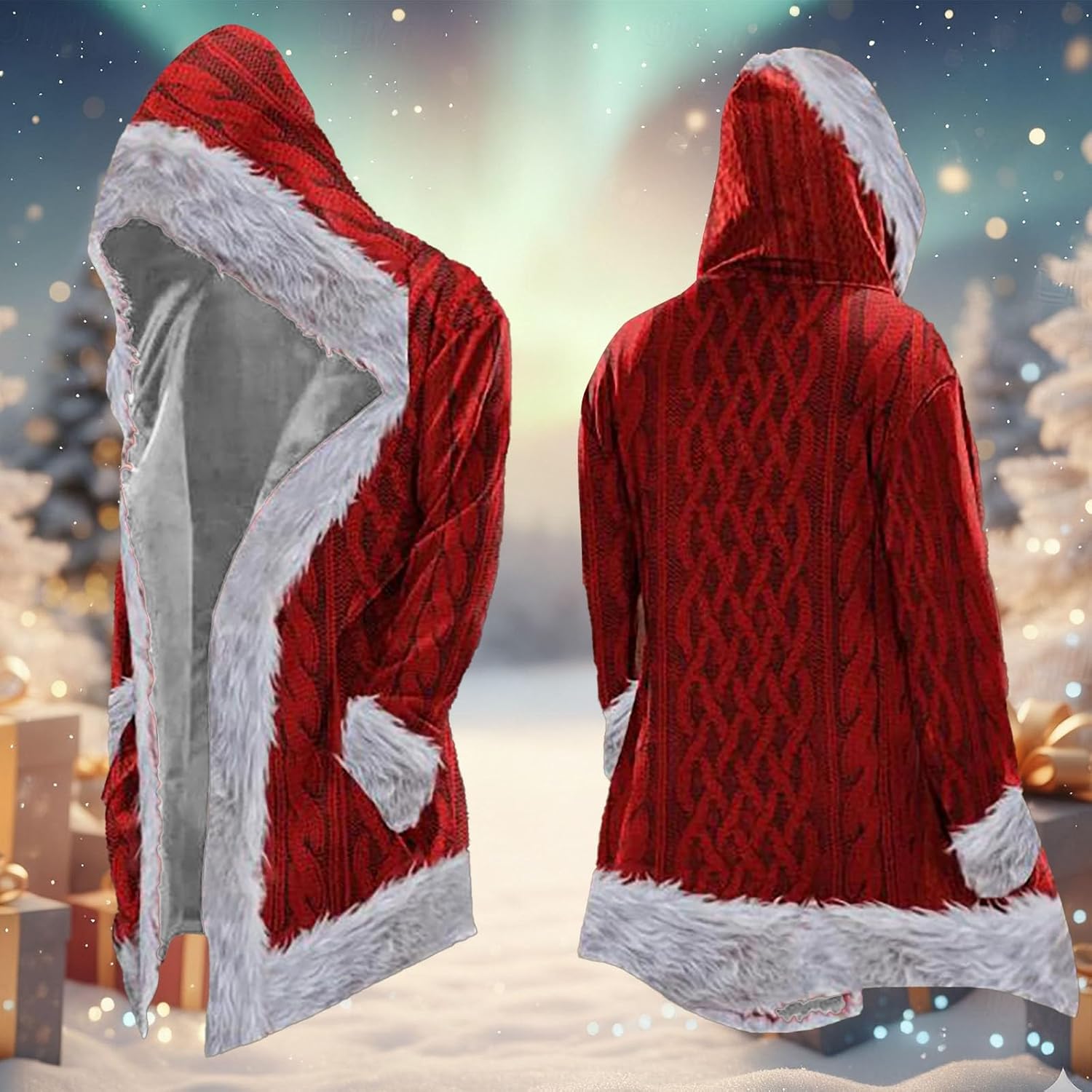 Christmas Cardigan Santa Jacket Coat for Men Hoodies Costume Faux Fur Trim Warm Fashion Claus Adult Suit Outfit