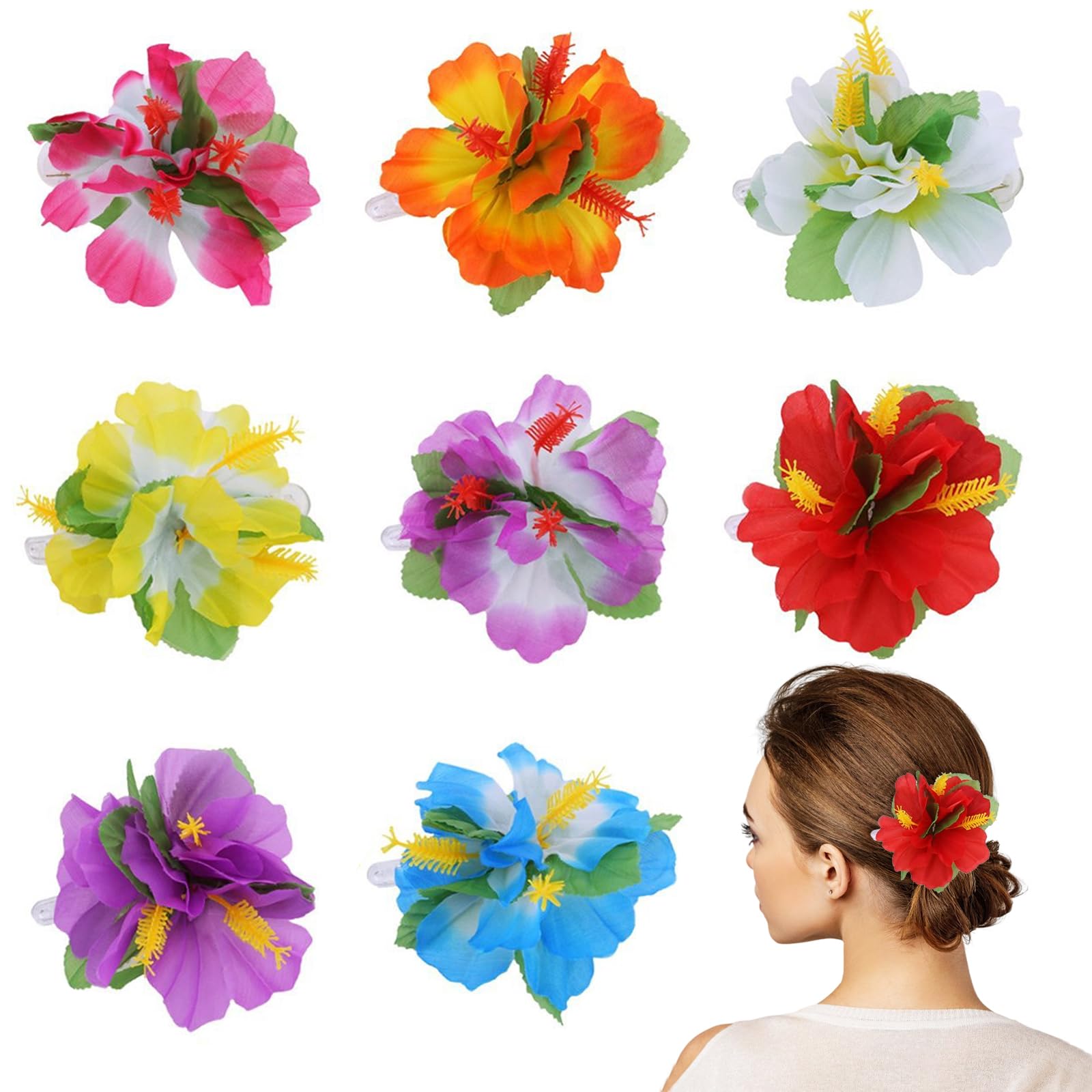 HIFOT 8 Piezas Hawaianas Pinzas Pelo Mujer Niña, Clips de Pelo de Flor, Horquillas Pasadores Pelo Mujer Grandes, Hibisco Flores para el Pelo, Accesorios Pelo Mujer Tocados de Boda Fiesta Playa