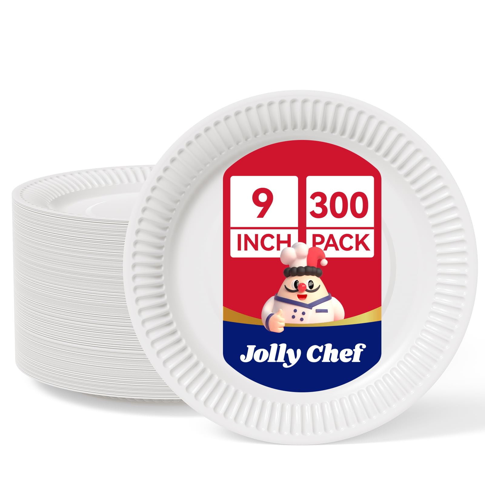 JOLLY CHEF 9 inch 300 Count Disposable Paper Plates Dinner Plates, Microwave Safe, Eco Friendly White Paper Plates for Party