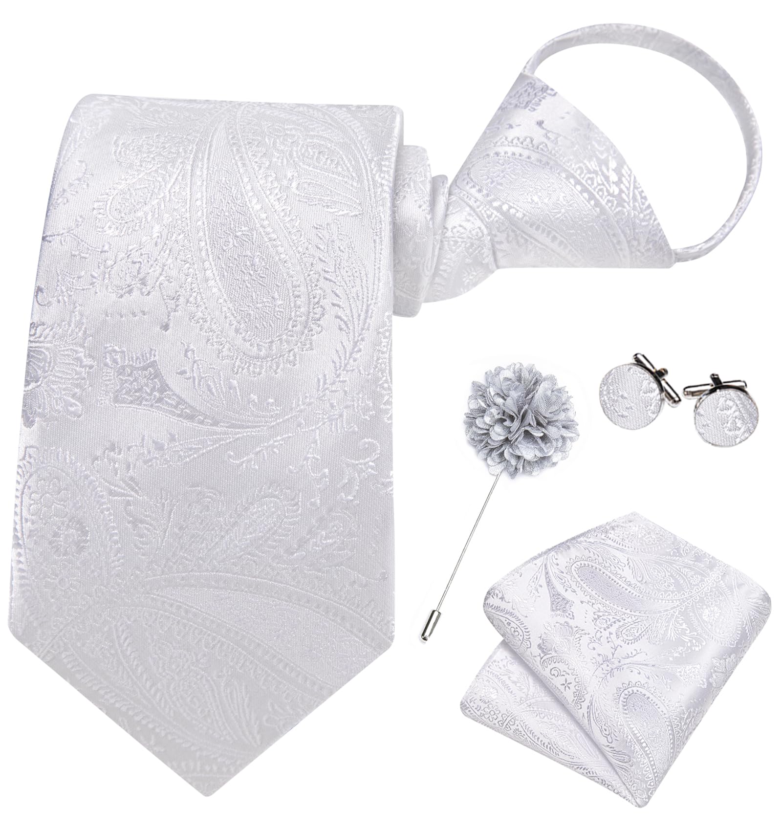 Hi-Tie Zipper Ties for Men White Paisley Adjustable Pre-Tied Necktie Lapel Pin Pocket Square Cufflinks Set