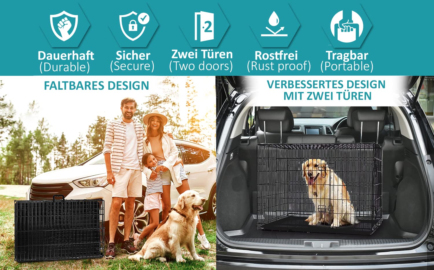 Defacto Hundebox Hundetransportbox, mit 2 Türen Faltbare Hundekäfig aus Metall schwarz, Ink. Bodenschale für deinen Hund, Hundegitterbox, Hundetransportkäfig S-XXL ((M) 61 * 43 * 51 cm)
