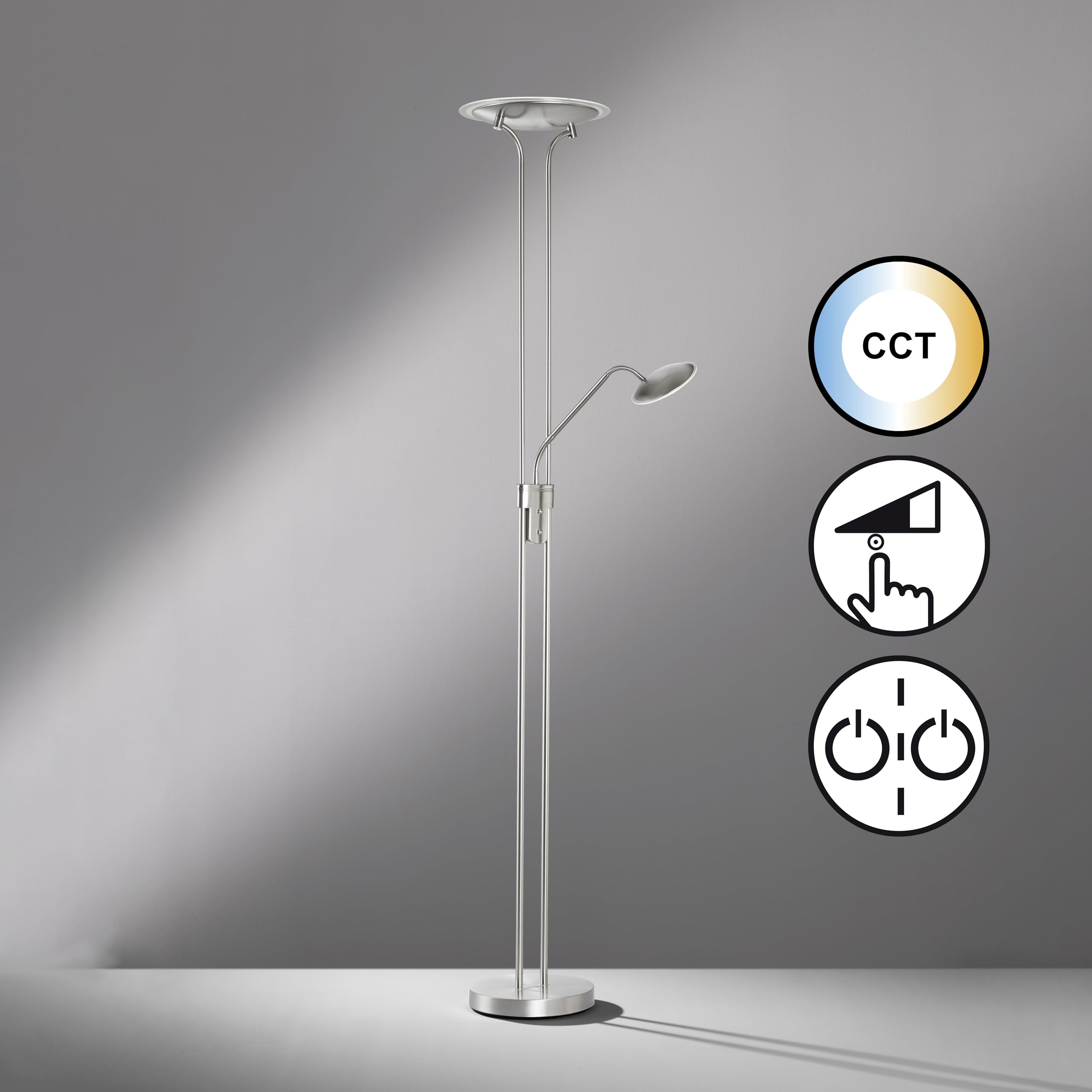 Fischer & Honsel Stehleuchte, Tallri|nickelfarben matt|H: 180 cm, D: 35 cm, A: 50 cm|stufenlos dimmbar|Farbtemperatureinstellung 3 Stufen|1x LED 7,5 Watt 2700/3350 / 4000 K, 5200 lm|EEG: F|40490