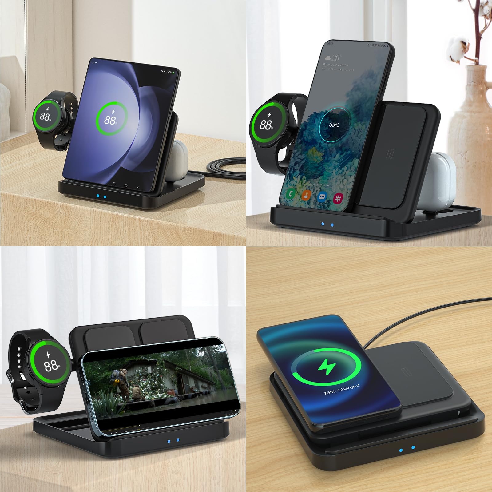 Qoosea 15W Caricatore Wireless con Samsung Z Fold 5/4/3/2, Stazione di Ricarica Wireless per Galaxy Z Flip/S24/S23/S22/iPhone/Google, Caricabatteria Senza Fili con Galaxy Watch 6/5/4/Active/Buds