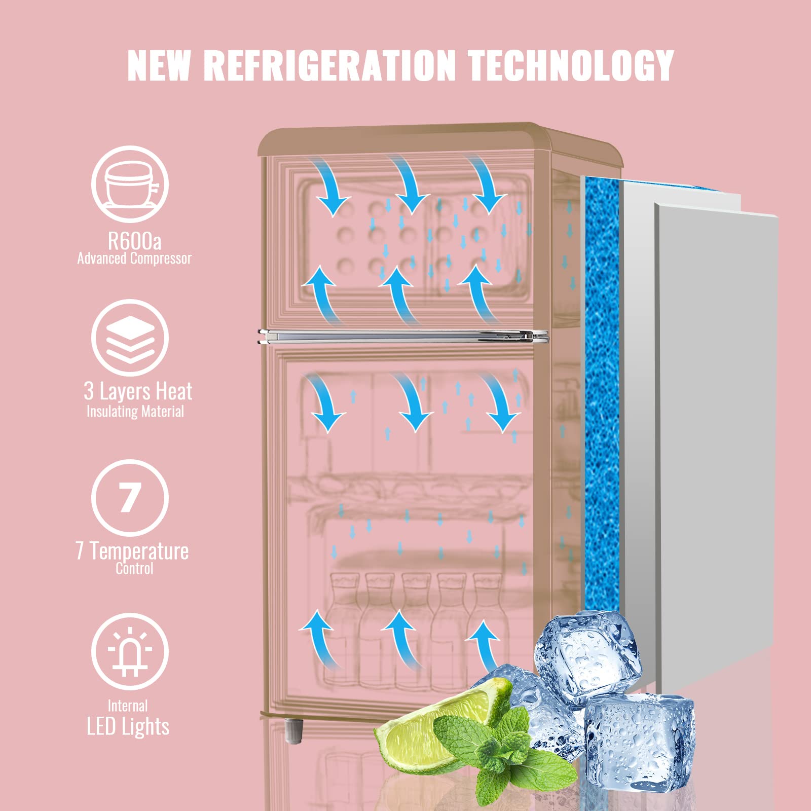 WANAI 3.5 Cu.Ft Small Refrigerators Retro Mini Fridge With Freezer Yellow Full-Sized Fridge Dual Door Dual Handle Classic Removable Glass Shelves Adjustable Thermostat For Home Office Dorm RV on Fridge.com - View 4
