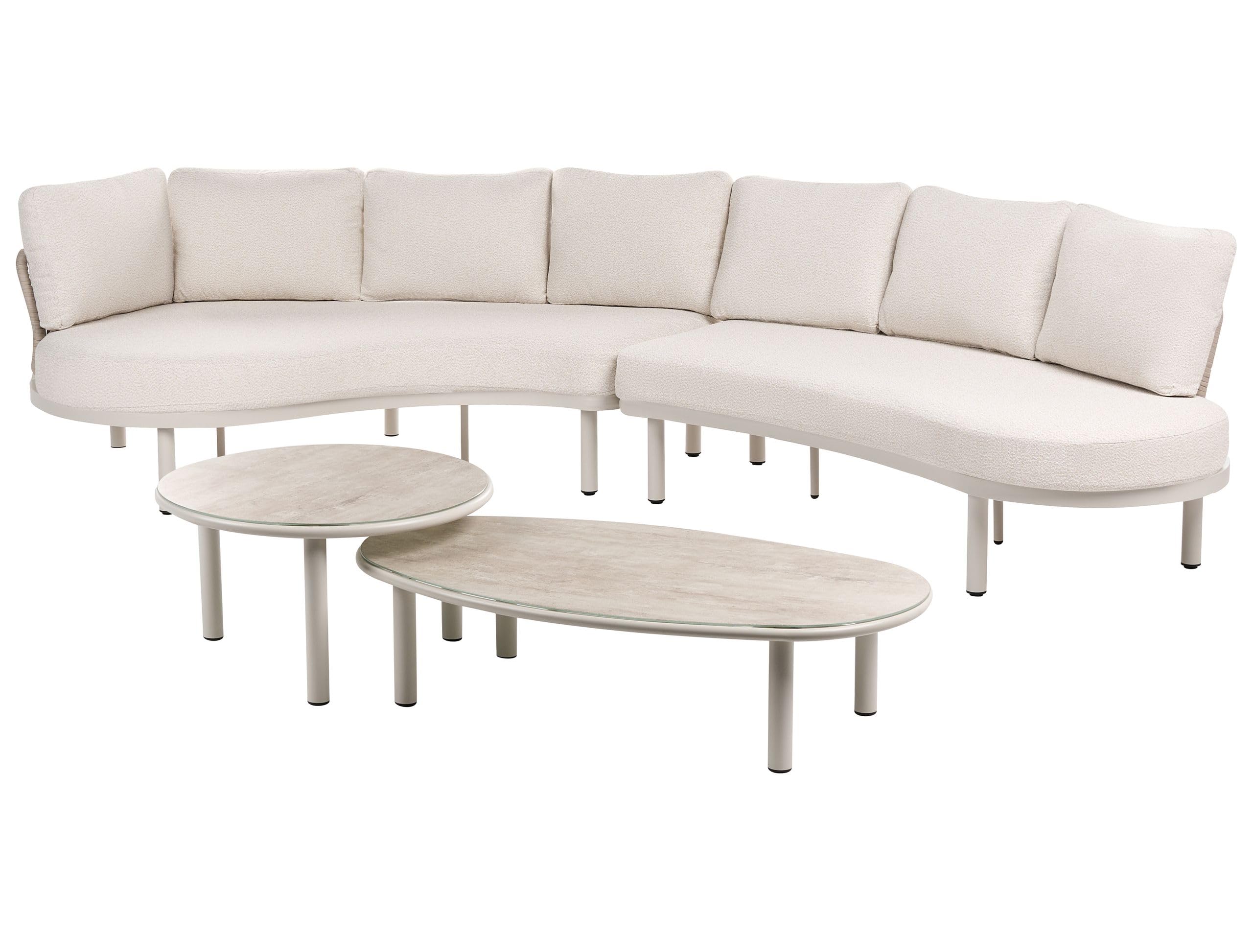 Zestaw ogrodowy 6-osobowy zaokrąglona sofa modułowa i stolik metalowa rama blat ze szkła hartowanego beżowy Oriolo