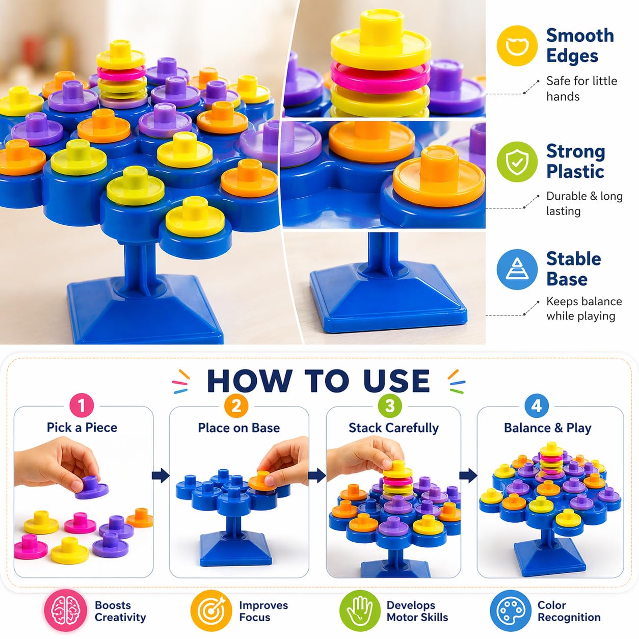 Goyal's Balancing Topple Stacking Game for Kids – 48 Colorful Discs with Dice | Educational Dexterity Skill Toy for Boys & Girls | Fun Family Game for 3+ Years 4