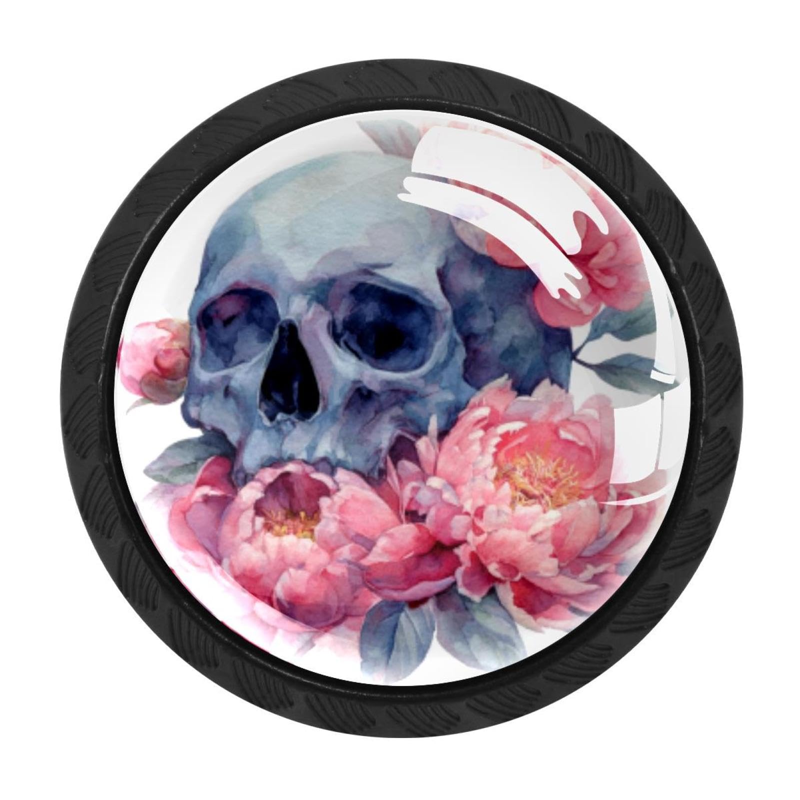 CHENZZZZ 4 Pieces Round Cabinet Knobs Rustic Dresser Knobs, Drawer Cupboard Wardrobe Cabinet Pulls Handles Hardware for Home Kitchen Furniture, Watercolor Skull and Peonies Flowers (8)