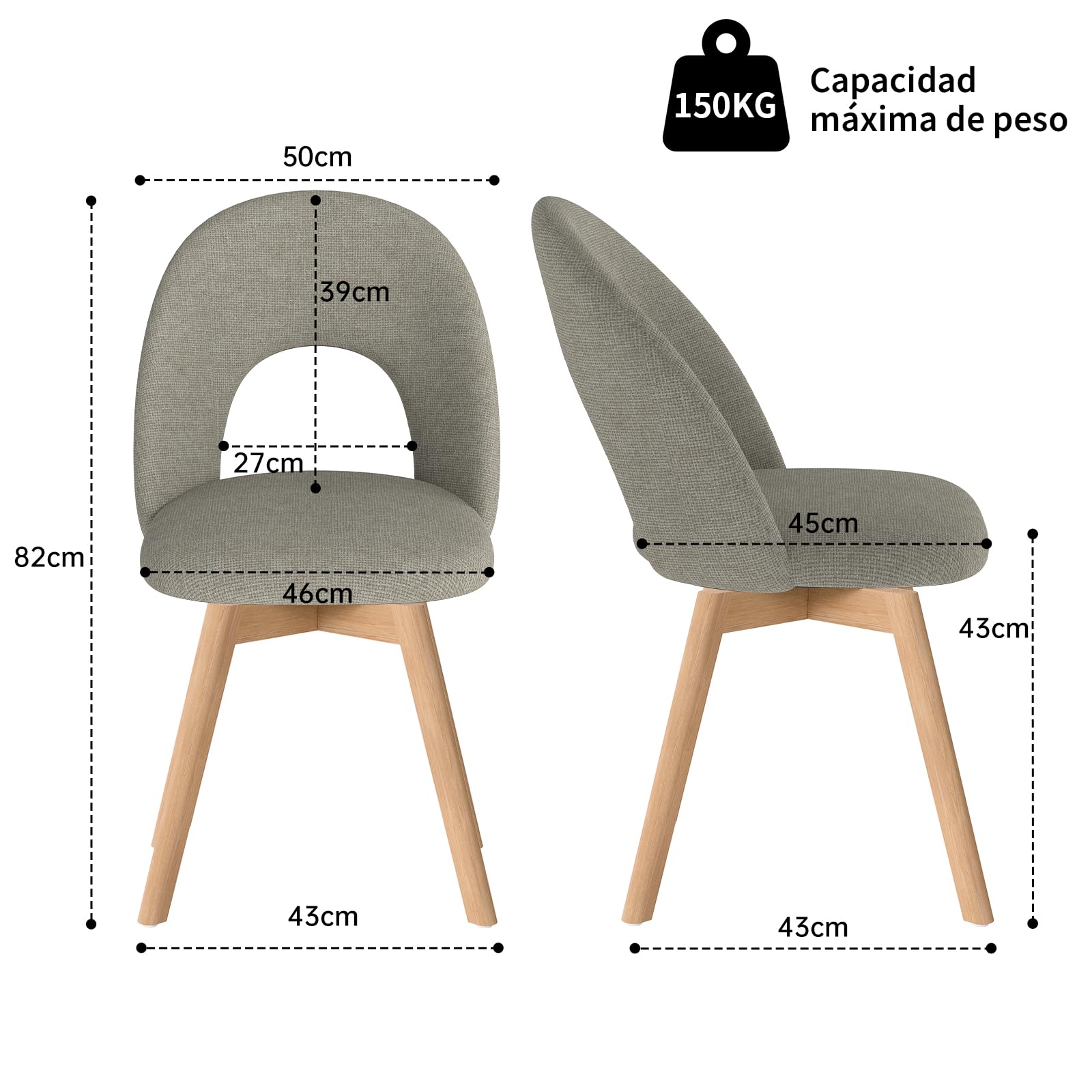WAFTING Sillas de Comedor giratorias Patas Madera, Pack 4，Marrón Oscuro | Giratorio 360° silencioso, tela de lino gruesa con respaldo calado transpirable, apto para comedor, cocina, sala