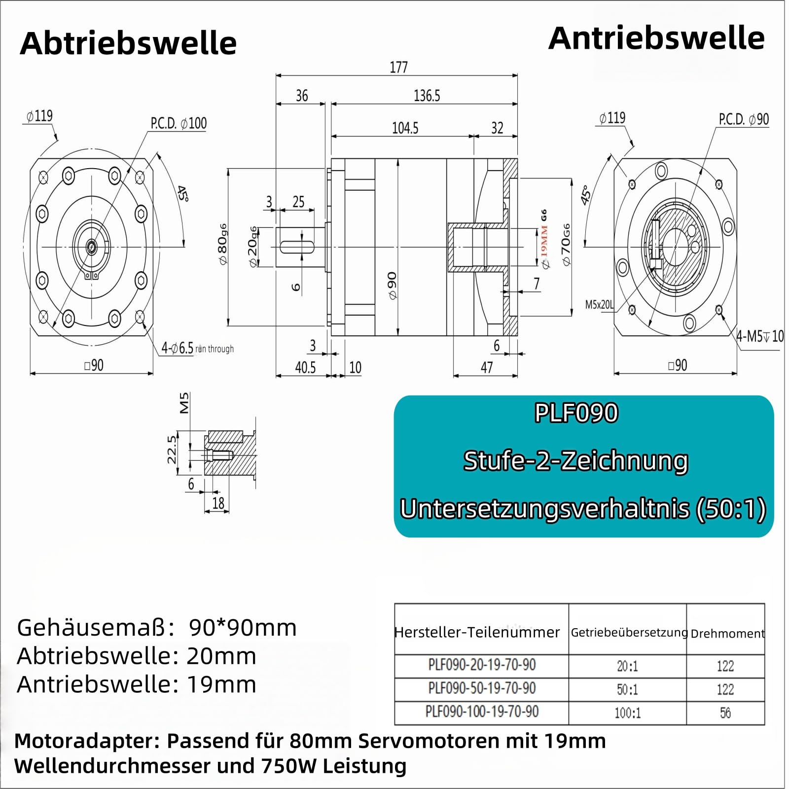 Planetengetriebe Speed Reducer Gear Head Ratio 50:1 Backlash 12 arc-min für 19mm Eingangswelle 750W 1KW 80mm Servomotor, Planetengetriebe 3500RPM Gear Box Reducer für CNC-Drehmaschine Reducer