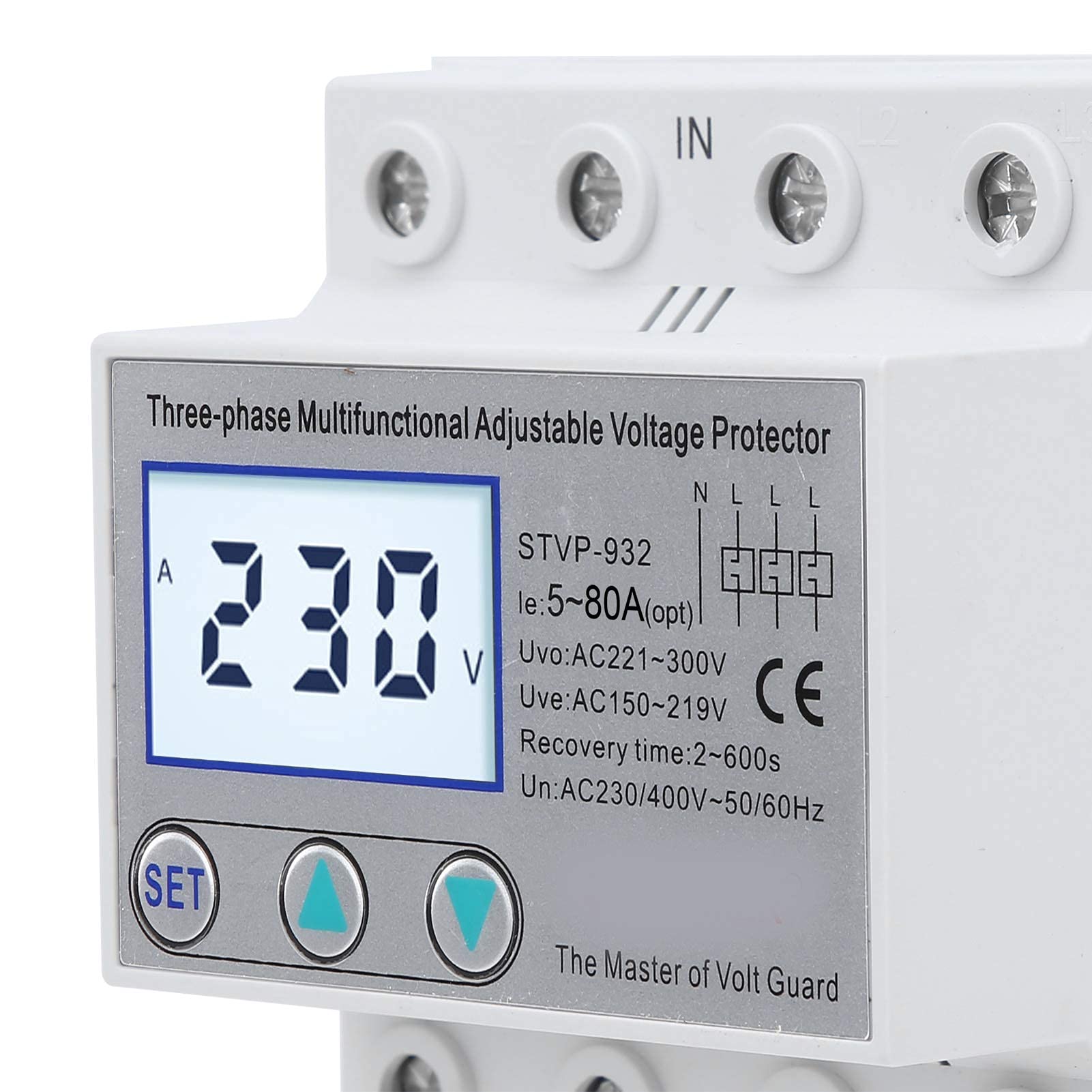 Stabilizzatore di Tensione Trifase Regolabile con Protezione di Tensione e Ripristino Automatico, Display LCD, 63A - Relè di Protezione di Tensione per Uso Industriale e Domestico