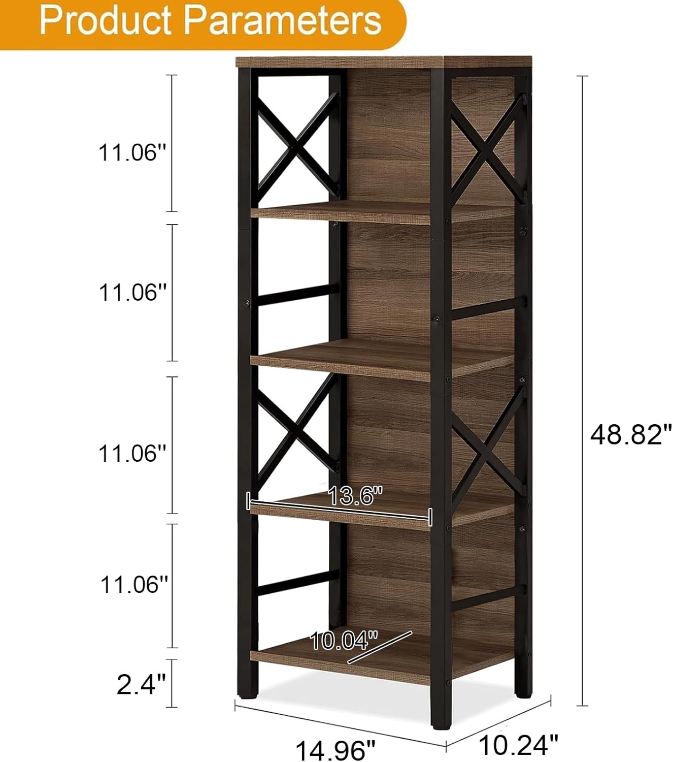 MNEETRUNG Small Bookshelf,5 Tier Industrial Bookshelf with Metal Frame and Backboard,Narrow Rustic Brown Book Shelf,Book case for Small Spaces,Living Room,Bedroom and Home Office