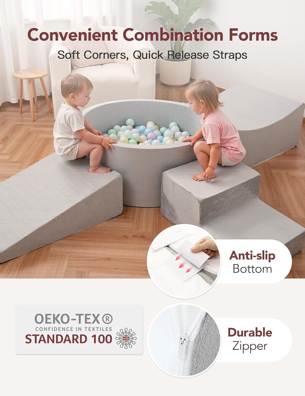 HOFISH Foam Playset with Ball Pit for Toddler Children, Playset Designed Easy to Clean or Install, Children Indoor Active Climbing Crawling and Playing -(Balls NOT Included) (Light Gray, 5PCS)