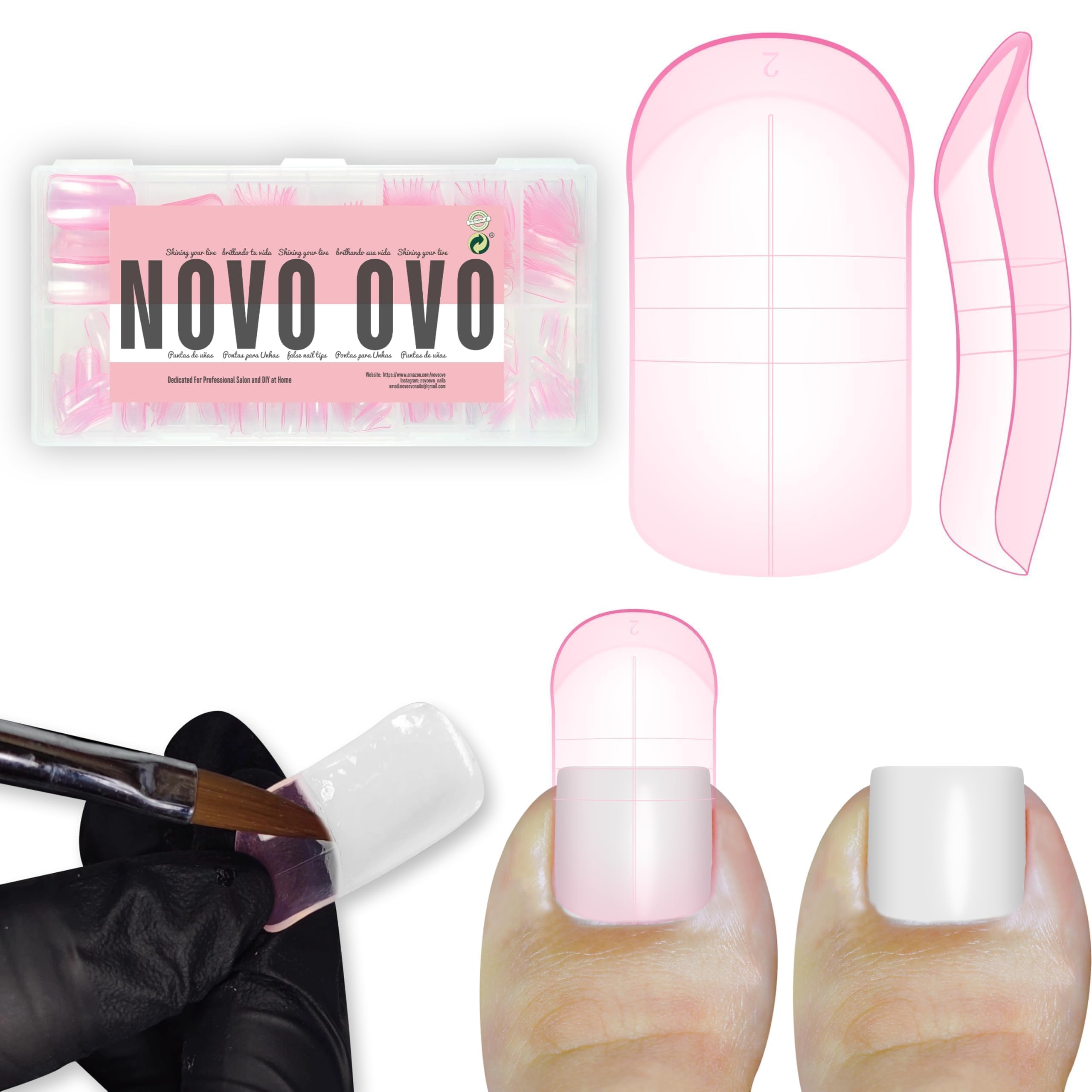 NOVO OVO 300 Pcs Toe Nail Dual Forms for Poly Gel Toenail Extension, PINK, Reusable Molds for Polygel Buider Hard Gel Acrylic French Tip Toenails, for