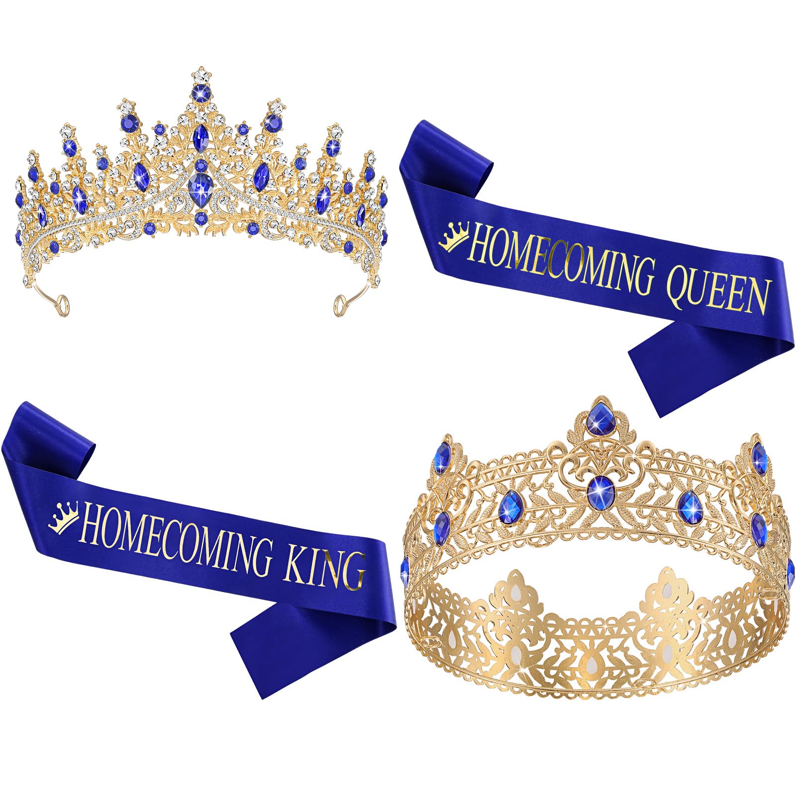 FerreveHomecoming King and Queen Crown Set with Sashes 80s Prom Tiara Satin Sash Party Favor for Women Men
