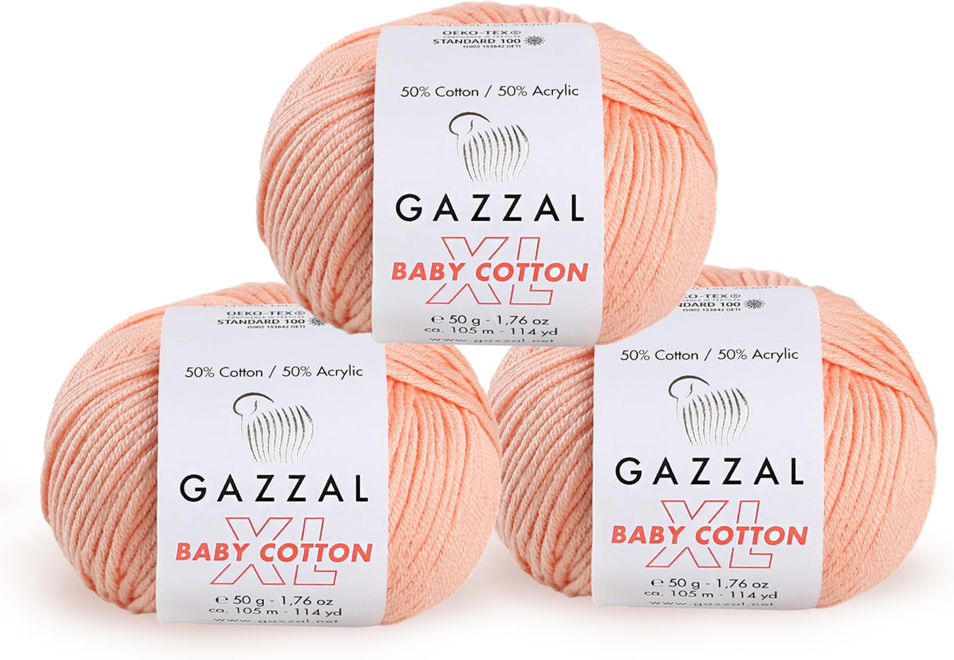 3 Pack (Ball) Gazzal Baby Cotton XL Total 5.28 Oz / 344 Yrds, Each Ball 1.76 Oz (50g) / 246 Yrds (225m) Super Soft, DK- Worsted Baby Yarn, 50% Turkish Cotton, Pinkish Orange - 3412