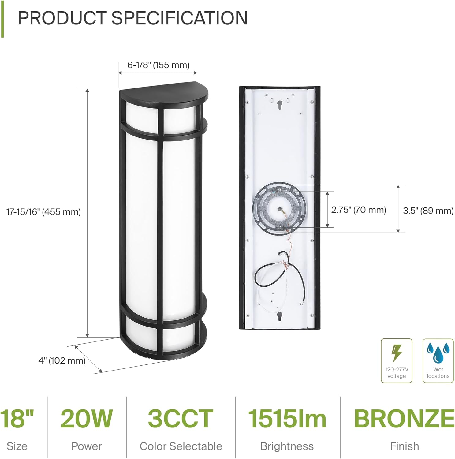 ASD LED 18" Half Cylinder Wall Light Fixture, Outdoor Patio Sconce | 3CCT, Stainless Steel, Waterproof, Energy Star, ETL Listed | 18W 1500LM 3000-5000K 100-277V | Exterior Lighting | Dark Bronze