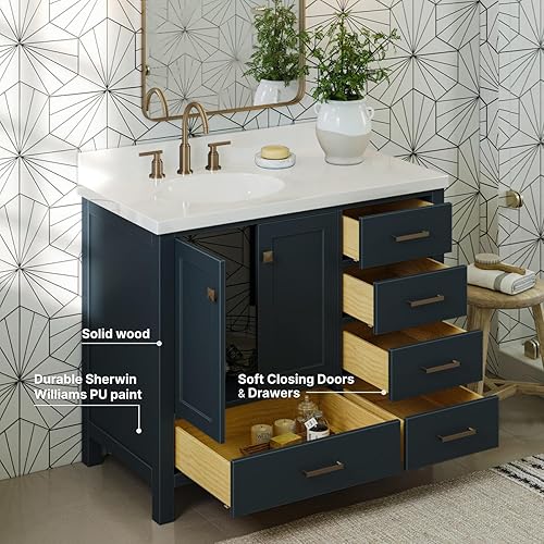 Miniatura 4 de ARIEL Tocador de baño azul medianoche de 43 pulgadas con encimera y protector contra salpicaduras de cuarzo blanco puro de 1.5 pulgadas, fregadero