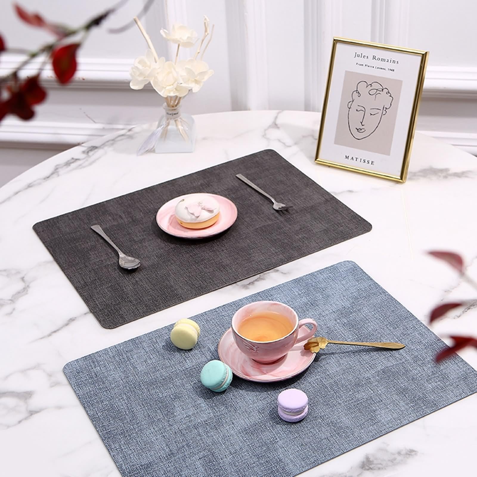 Platzdeckchen 4 Er Set, Platzset Elegant 30x43cm Wendbares Webmuster PU Leder Grau Blau