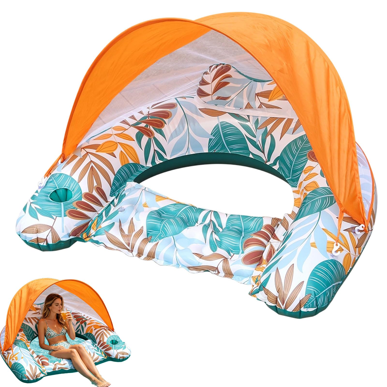 Adult Air Mattress Pool Float with Sun Canopy, Inflatable Water Hammock with UV Protection, Ergonomic Pool Chair for Swimming, Lake, Beach Holidays, Foldable Travel, Orange (1pc)